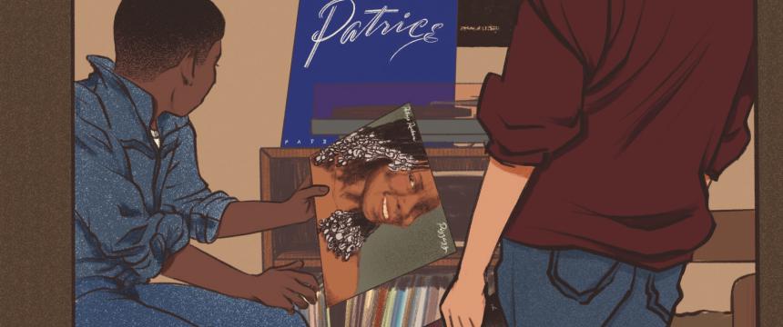 Two adolescent boys are in a bedroom. One is sitting on a bed and the other is standing in the doorway. They are holding vintage records of Anita Baker and Patrice Rushen. They're are vintage Porsche posters on the wall. The bedroom they sit in is slightly messy and one is white and the other is Black.