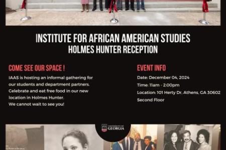 Picture of AFAM Staff in front of Holmes Hunter academic building with a picture of part of the timeline of the desegregation of UGA.