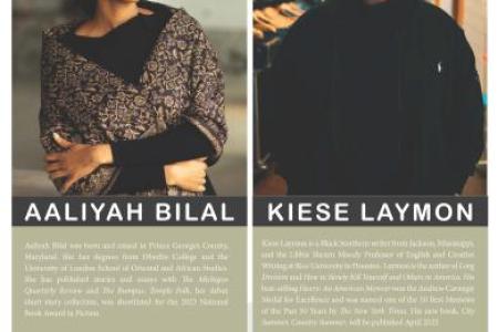 Headshots of Aaliyah Bilal and Kiese Laymon. They both were dark colored clothing and have a small smile.